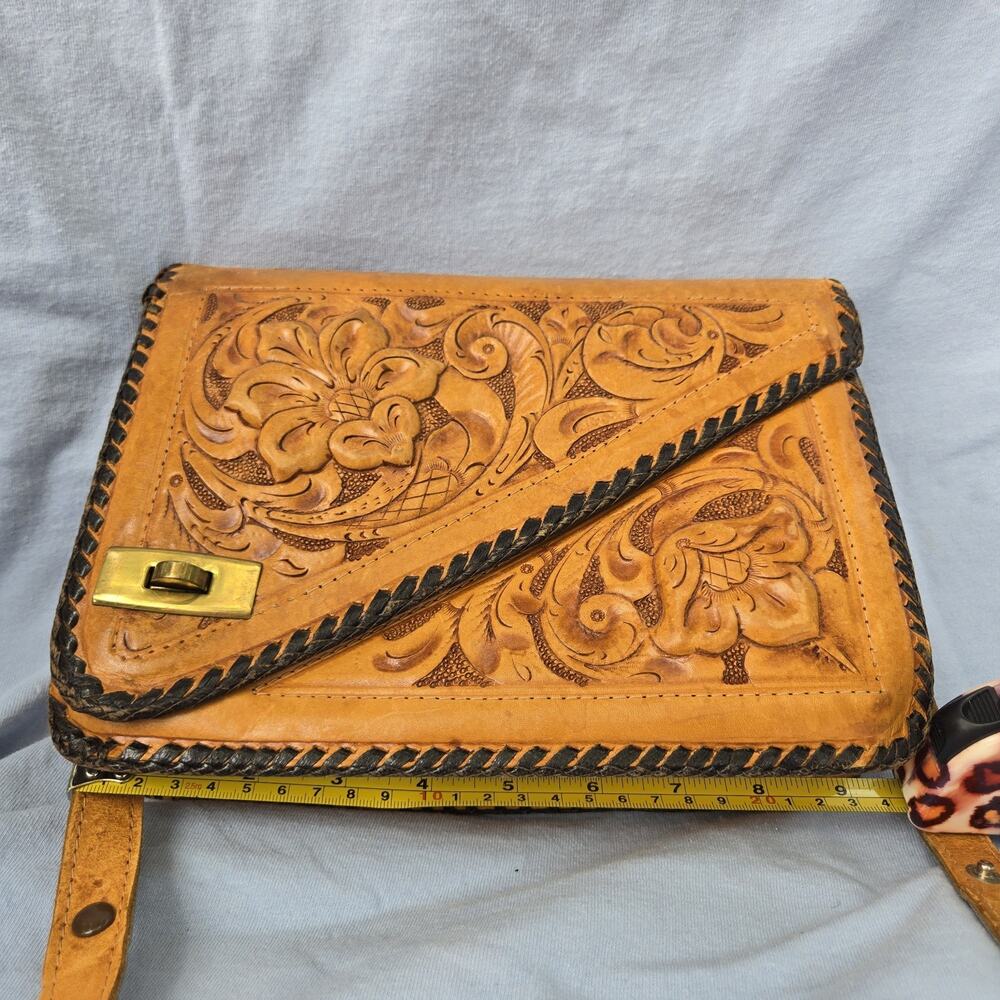 Vintage Curiosidades Mexicanas de Monterrey Hand Tooled Leather Bag Aztec Sun - Picture 8 of 13